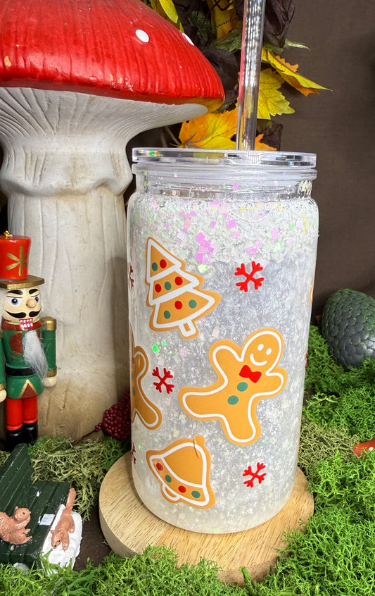 Verre Snowglobe motif Noël + paille