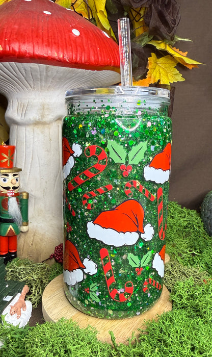 Verre Snowglobe motif Noël + paille