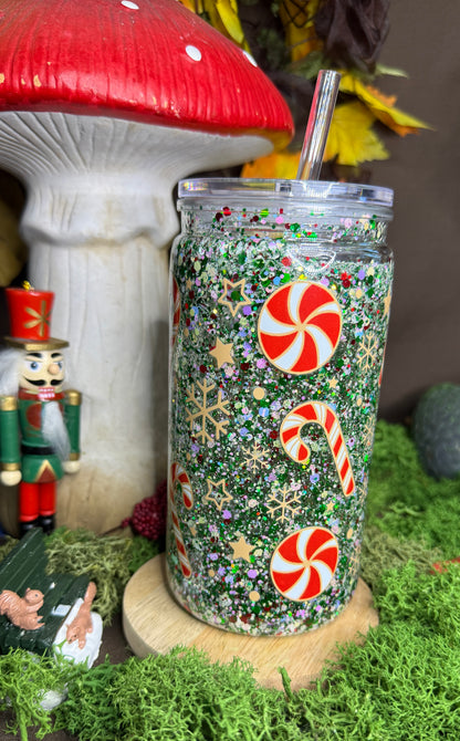 Verre Snowglobe motif Noël + paille