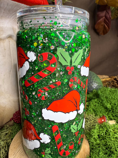 Verre Snowglobe motif Noël + paille