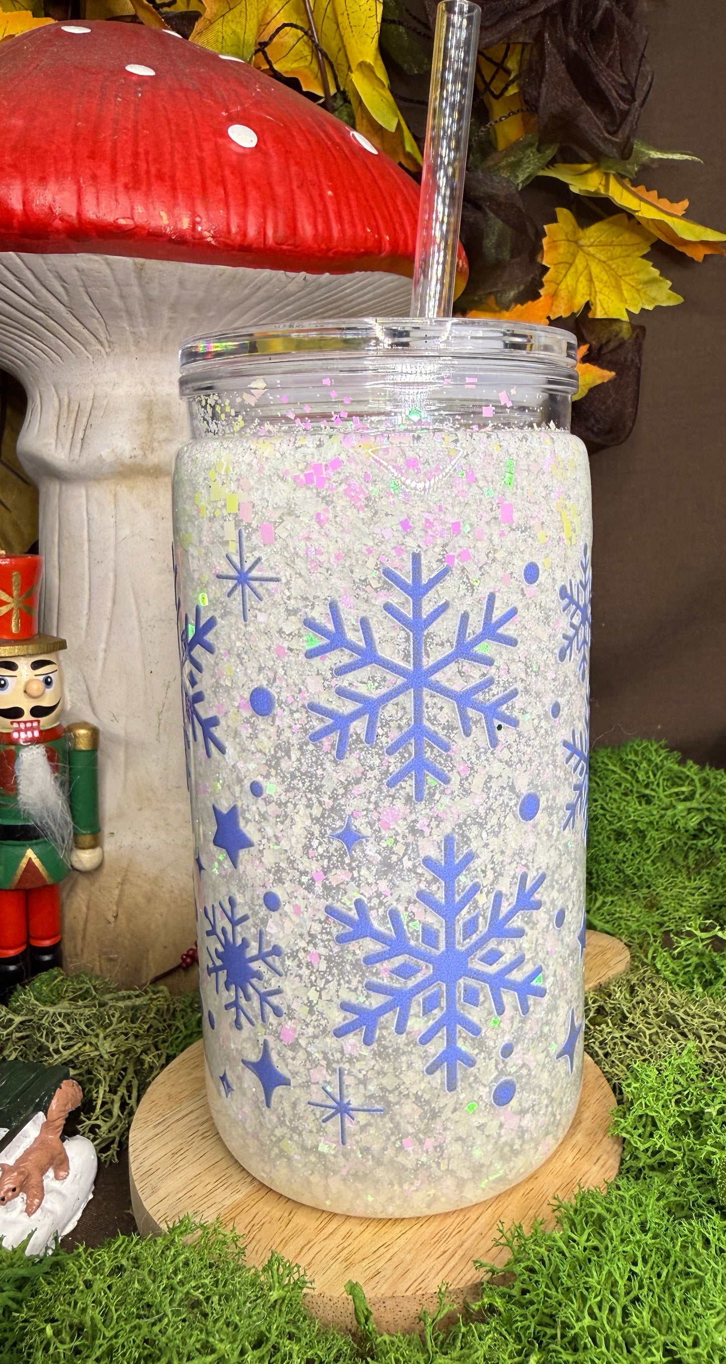 Verre Snowglobe motif Noël + paille