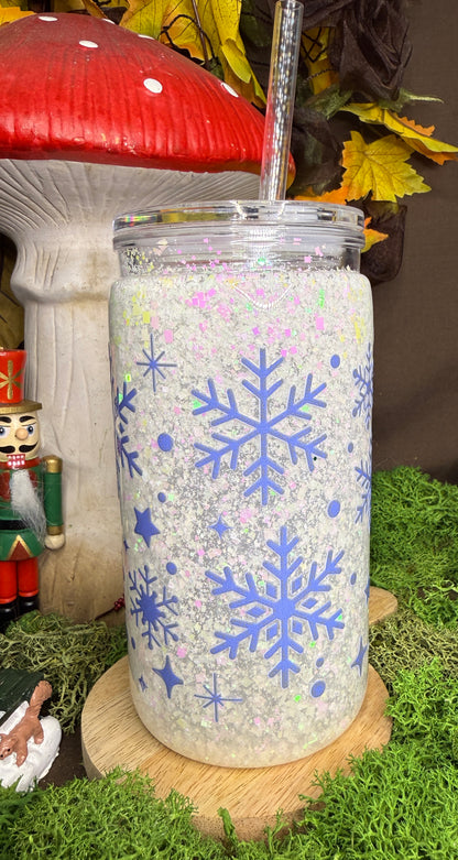 Verre Snowglobe motif Noël + paille
